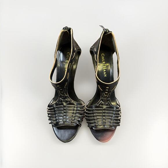 Cole Haan Women’s Black Leather Open Toe Heels Size 6B - Ankle zip - Picture 2 of 7